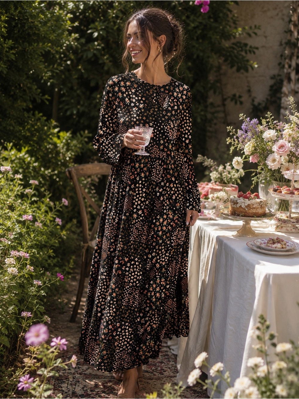 Pull&Bear Black Floral Maxi Dress with Small Pink Accents